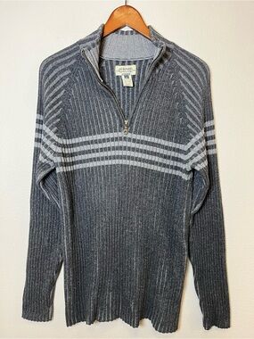 Vintage Y2K American Rag Gray Ribbed Quarter-Zip Sweater with Light Gray Stripes